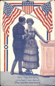 WWI Romance Man and Woman Under American Flags Vintage Postcard