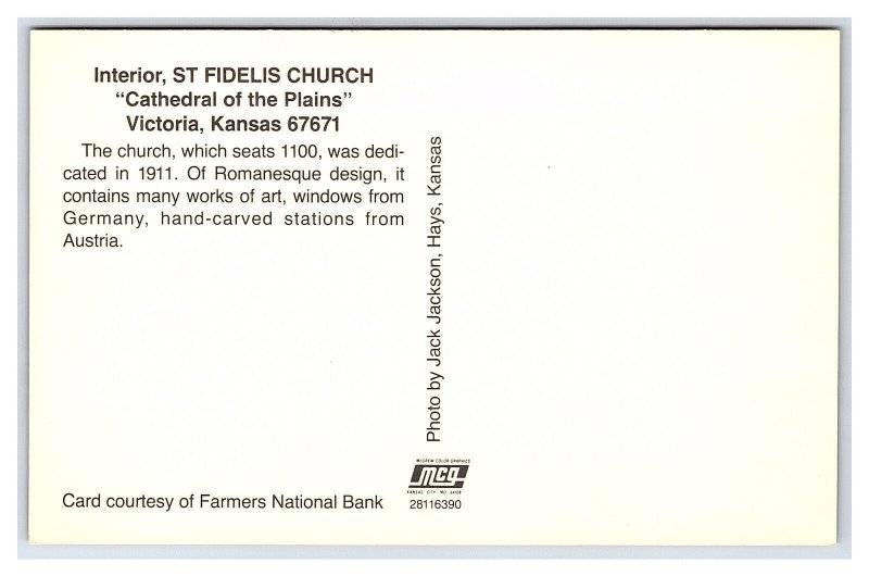 St. Fidelis Church Cathedral Of The Plains Victoria KS Postcard Interior View