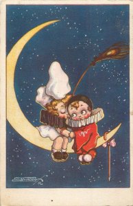 Lovely drawn children couple moon harlequins love artist fantasy c.1929 Romania