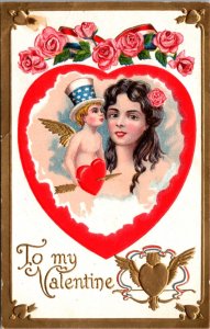 Valentine's Day Postcard Patriotic Cupid Cherub Kissing Woman Heart Gold Arrow