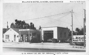 BILLING'S MOTEL & MOBIL GAS STATION BRIGHAM CITY UTAH POSTCARD 1958