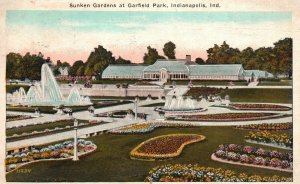 Vintage Postcard 1924 Sunken Gardens Garfield Park Fountain Indianapolis IN