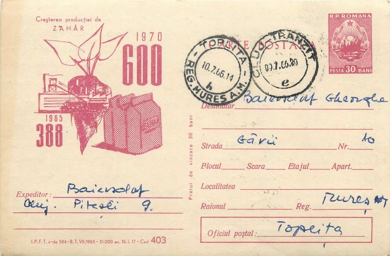 Industry Romania 1960s postal stationery postcard sugar production increase