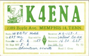 VINTAGE POSTCARD HAM RADIO CALLING CARD K4ENA MEMPHIS TENNESSEE MAILED 1957