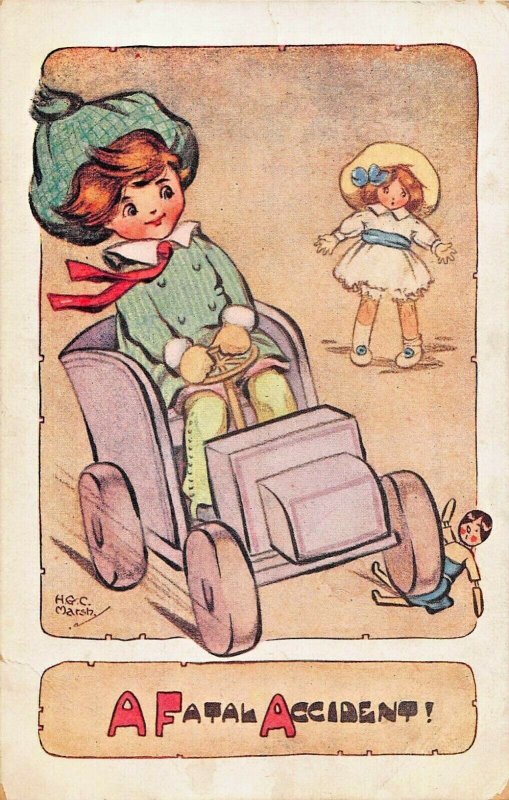 A FATAL ACCIDENT-YOUNG BOY RUNS CAR TOY OVER DOLL~HGC MARSH ARTIST POSTCARD