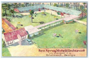 1959 Sea Spray Motel & Restaurant Illustration View Brunswick Georgia Postcard