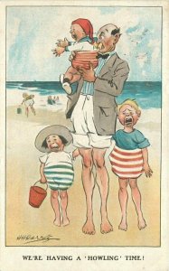 1920s HH Harris Father Children Seaside Comic Humor Postcard 21-13347