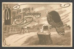 DATED 1911 VINTAGE PPC THANKSGIVING CARD W/TURKEY ATOP AXE