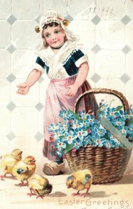 Easter Greetings Chicks Flower Basket Holiday Greetings Vintage Postcard 1907