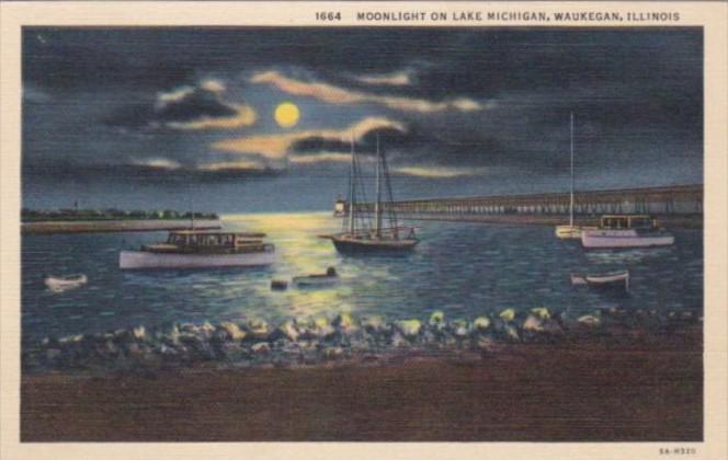 Illinois Waukegan Moonlight On Lake Michigan 1939 Curteich