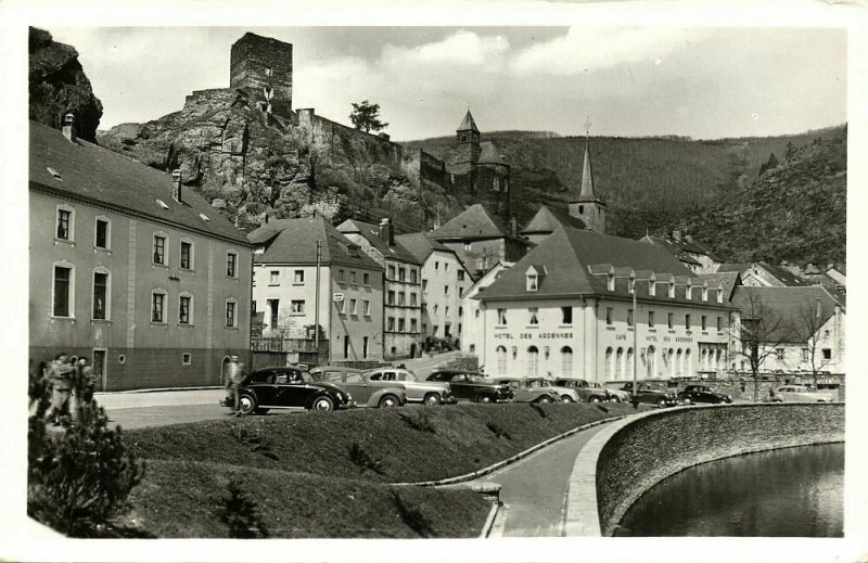 luxemburg, ESCH-SUR-SURE, Les Ruines, Hotel des Ardennes, VW Beetle (1960s) RPPC