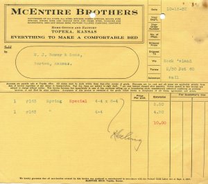 McEntire Brothers Topeka Kansas Vintage 10-13-32 Invoice 