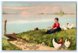 Easter Postcard Greetings Woman Boat Scene Chicken Hen Embossed c1910's Antique