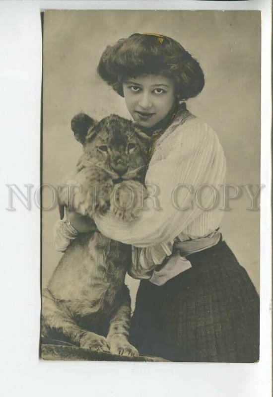 444407 CIRCUS Girl Trainer Young LION Vintage PHOTO postcard