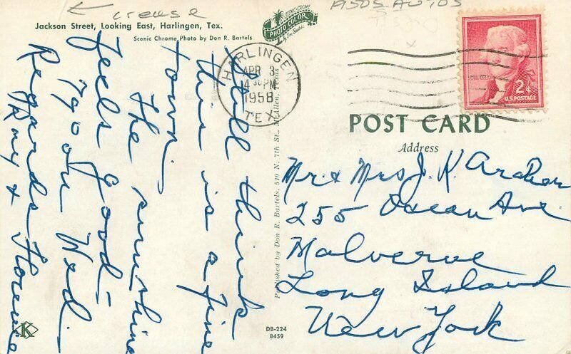 Harlingen Texas Jackson Street Automobiles Bartles Postcard 21-13263