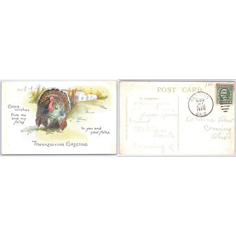 Postcard Thanksgiving Greeting Turkey Corning Ohio 1923