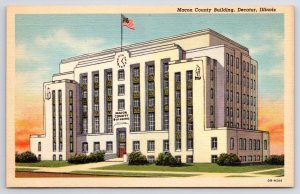 Decatur Illinois~Macon County Bldg~Clock~Flag~Curt Teich 1940 Linen Postcard
