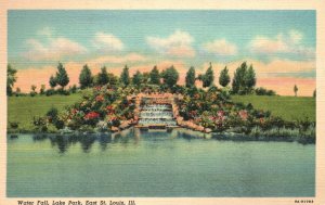 Vintage Postcard Water Fall Lake Park Landscaped Flowers East St. Louis Illinois