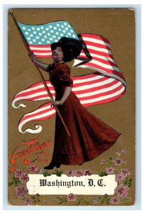 1910 Patriotic US Flag Greetings from Washington DC American Girl Postcard
