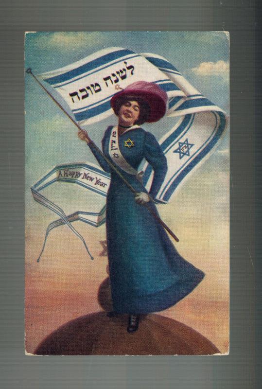 Mint 1900s Jewish Happy New Year Postcard Woman WIth Star if david Flag Judaica
