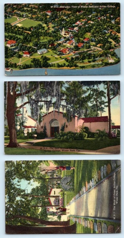 3 Postcards WINTER PARK, Florida FL~ ROLLINS COLLEGE Beal Maltbie ~ Walk of Fame