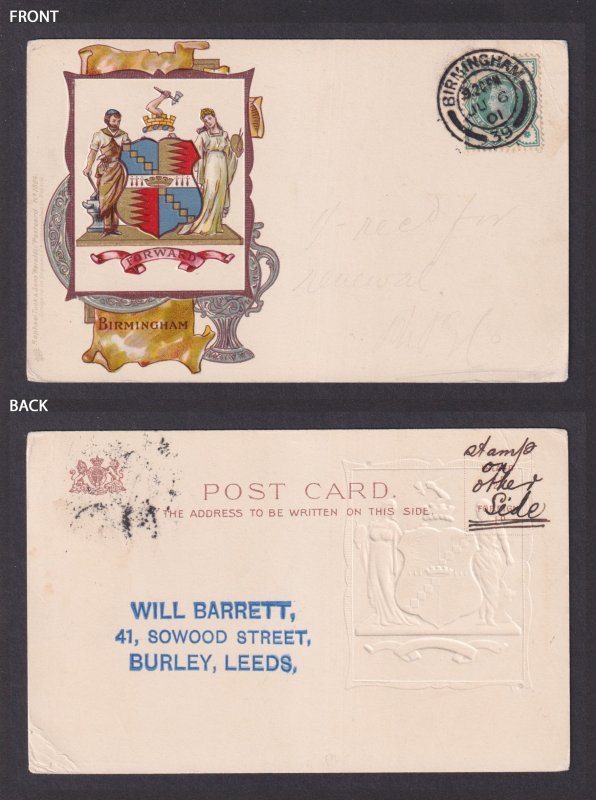 UNITED KINGDOM, Postcard 1901, Birmingham, Coat of arms
