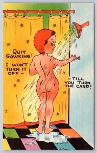 Quit Gawking! Nude Woman In Shower, Risque Linen Art Postcard Signed H Dean