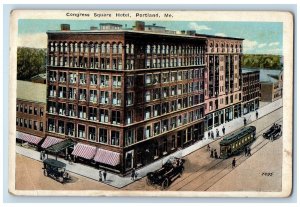 c1920 Congress Square Hotel Restaurant Classic Cars Trolley Portland ME Postcard