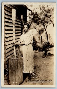 Indian Woman Pounding Corn Cherokee Reservation NC Cline RPPC Photo Postcard