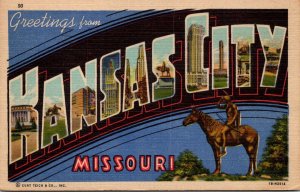 Missouri Greetings From Kansas City Large Letter Linen 1943  Curteich