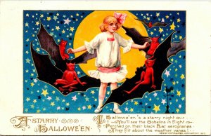 Vintage Winsch Schmucker Girl, Bats, Devil, Demons, Moon, Halloween Postcard