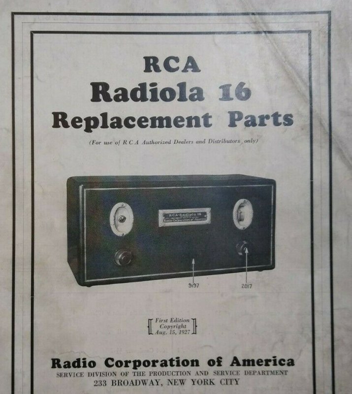 RCA Radiola 16 Replacement Parts Pamphlet 1927 Vintage Radio 4 Sided Ephemera