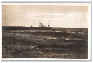 1911 Man Scene Sea Surf Wave Sacket Harbor New York NY RPPC Photo Postcard