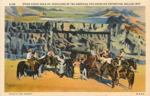 1937 Dallas Texas Pan American Expo Stagecoach Holdup Linen Postcard TX25-1155