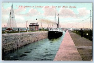1910 Sault Ste. Marie Canada Vintage Postcard C.P.R. Steamer Canadian Lock Ship