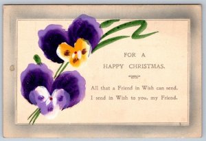 For A Happy Christmas, Pansies, Rhyme, Antique 1922 Greetings Postcard