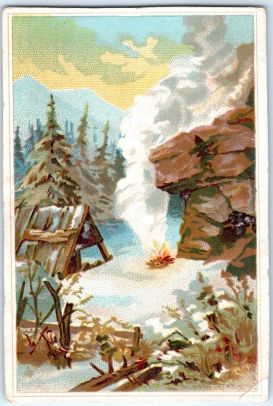 c1890s Nice Litho Artwork of Camp Fire in Winter Trade Card Snow Mountain C35