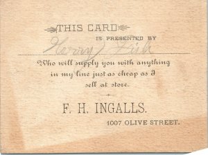 1880 St Louis, Mo. Cute Owl Couple Ingalls Clock Lamp Trade Card Olive Bird C26