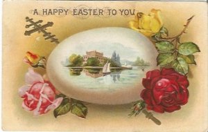 Seaside Scene Sailboat within Embossed Easter Egg Christian Cross Red Rose White