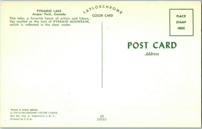 Pyramid Lake Jasper Park Canada Postcard