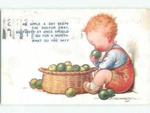 Bamforth comic signed CHILD WITH AN APPLE A DAY OR THIRTY FOR A MONTH k8247