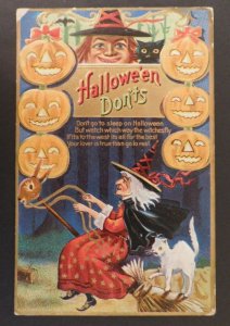 1911 Witch on Broom with Jack-O-Lanterns Halloween Postcard to East Syracuse, NY