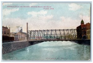 c1910 Arkansas River Bridges Dividing North South Pueblo Colorado CO Postcard 