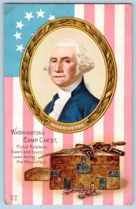 1914 WASHINGTON'S CAMP CHEST PISTOLS SWORD AMERICAN FLAG PATRIOTIC POSTCARD