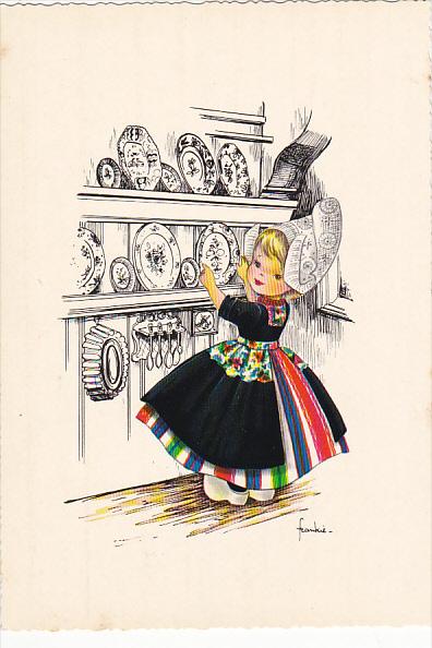 Dutch Girl Putting Plate On Shelf Signed Frankie