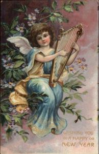 New Year - Angel Child w/ Harp c1910 Postcard