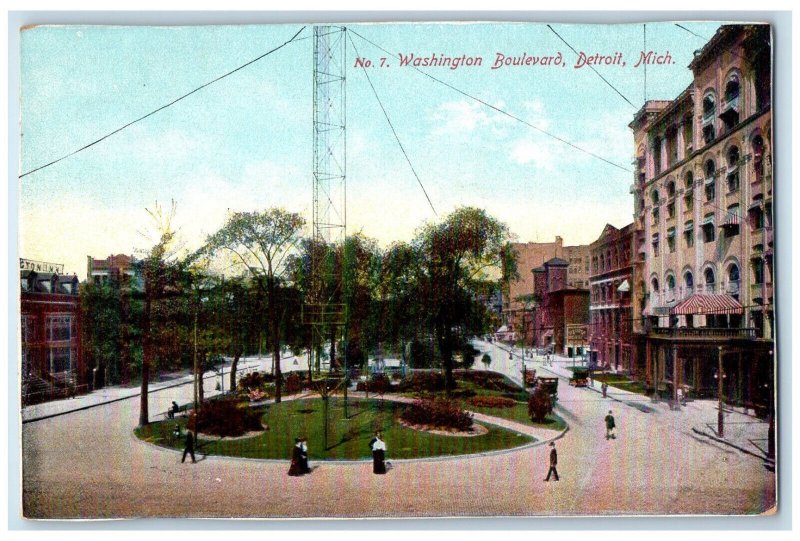 Washington Boulevard Garden Park Scene Detroit Michigan MI Vintage Postcard 