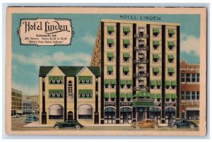 Indianapolis Indiana IN, Hotel Linden Coffee Shop Barber Tailor Cars Postcard