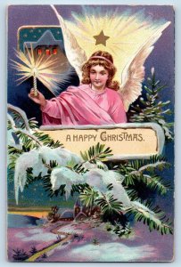 Baltimore MD Postcard Christmas Angel With Candle Winter Scene Embossed Tuck