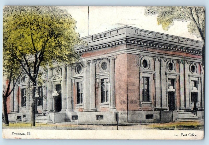 1908 Evanston Illinois Post Office Building Exterior Stairs Door Entry Postcard